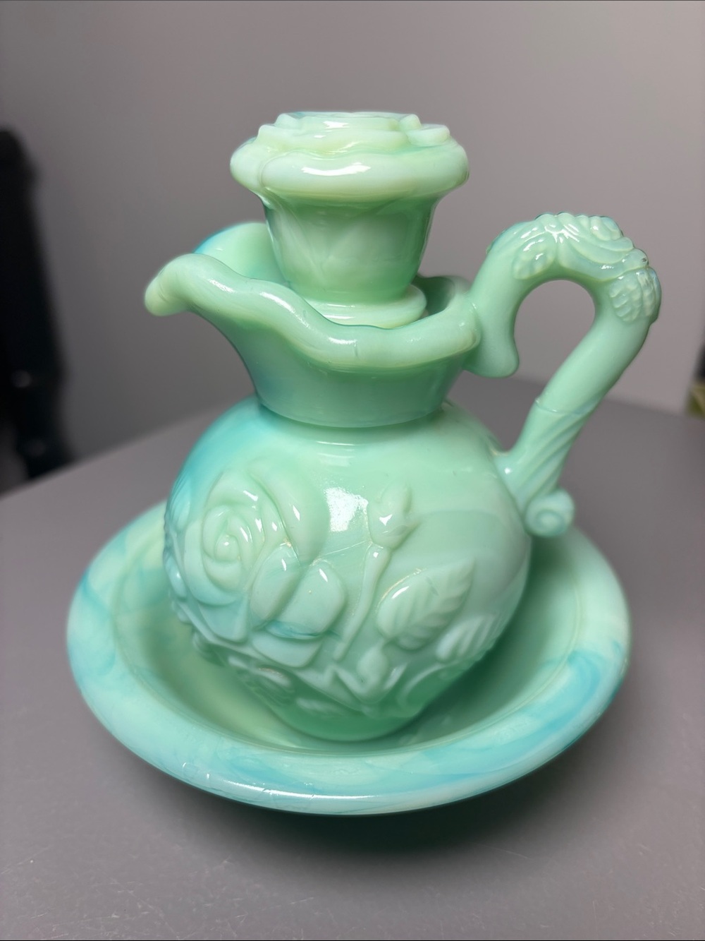 Vintage AVON Green Jadeite Rose Pattern Skin So Soft Empty Bath Oil 6 oz